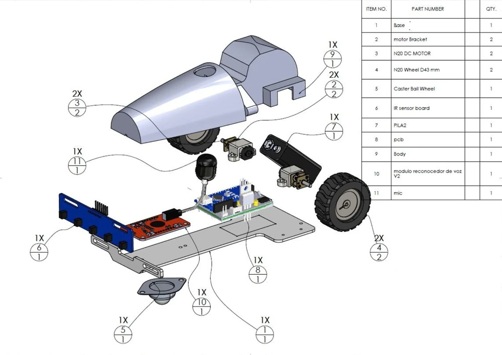 Exploded CAD assembly of a mobile robot showing its body, base, wheels, motors, sensors, controller boards, and numbered parts list.