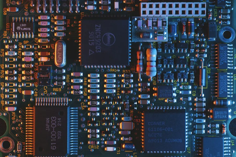Populated circuit board with chips, resistors and solder joints