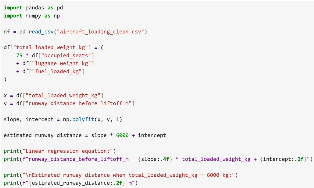 Python code uses pandas and NumPy polyfit to estimate runway distance from total loaded weight.