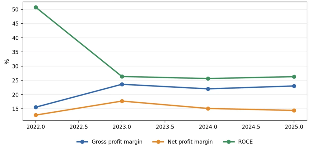 Line chart shows the direction of three profitability ratios between 2022 and 2025.