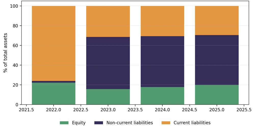 Stacked bars show equity, non-current liabilities and current liabilities as percentages of total assets.