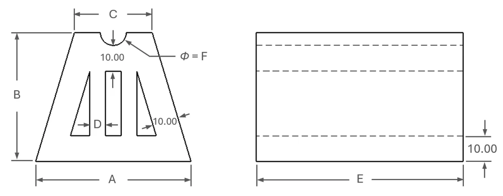 Dimensioned orthographic drawing of the grooved support bracket.
