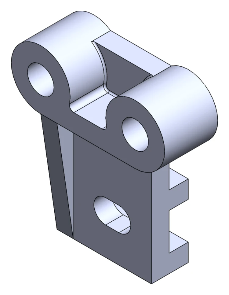 Variant B — shaded solid model showing the twin bosses, obround opening and stepped support body.