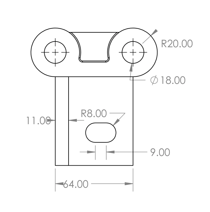 Variant B — front projection records the Ø18.00 upper-bore and 64.00 body-width callouts in source drawing units.