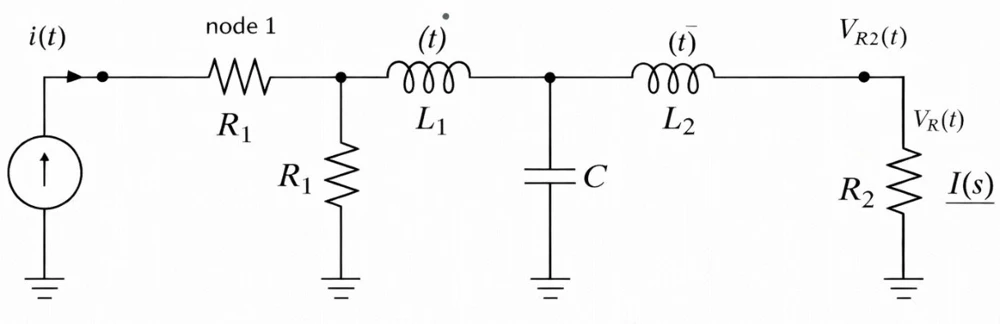 RLC circuit model with current input, inductors, resistors, capacitor and output node.