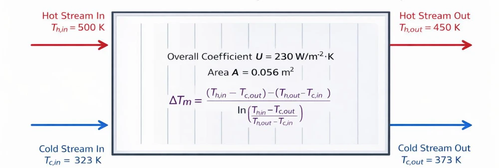 Heat exchanger schematic with hot and cold inlet and outlet temperatures and LMTD equation.
