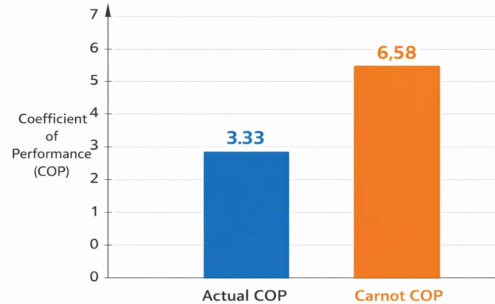 Bar chart comparing actual COP of 3.33 with Carnot COP of 6.58.
