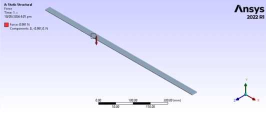 Ansys beam with a downward point-force marker and dimensional scale.