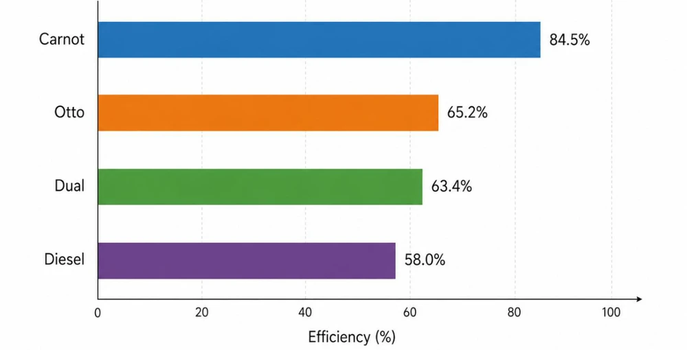 Bar chart showing Carnot 84.5%, Otto 65.2%, dual 63.4% and Diesel 58.0%.