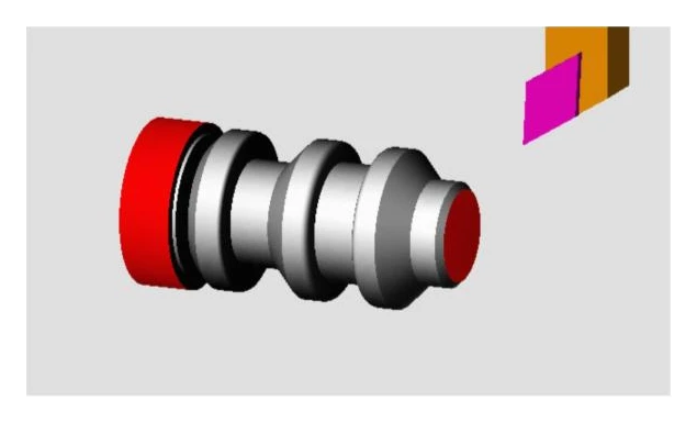 Grey stepped shaft with red remaining stock and a coloured tool shown nearby.