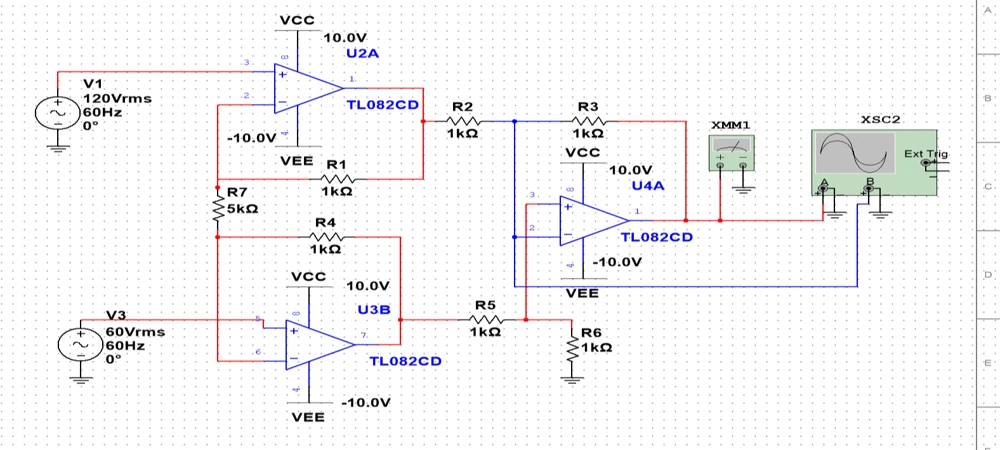 Differential input sources, three TL082 amplifier symbols, resistor network and virtual instruments.