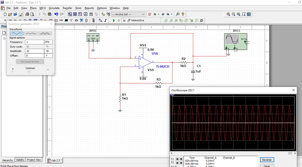 Multisim schematic with a feedback capacitor and oscilloscope trace.