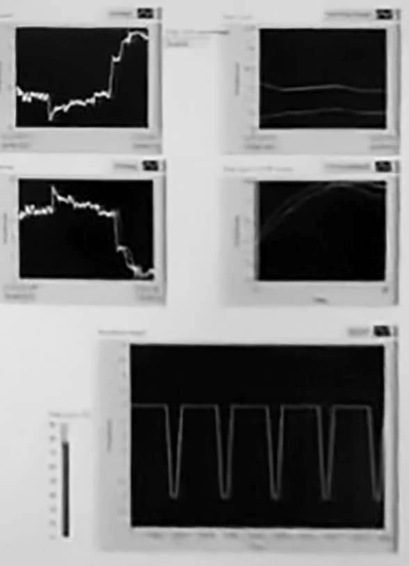 Original front-panel capture contains changing voltage traces and a wider pulsed output pattern.