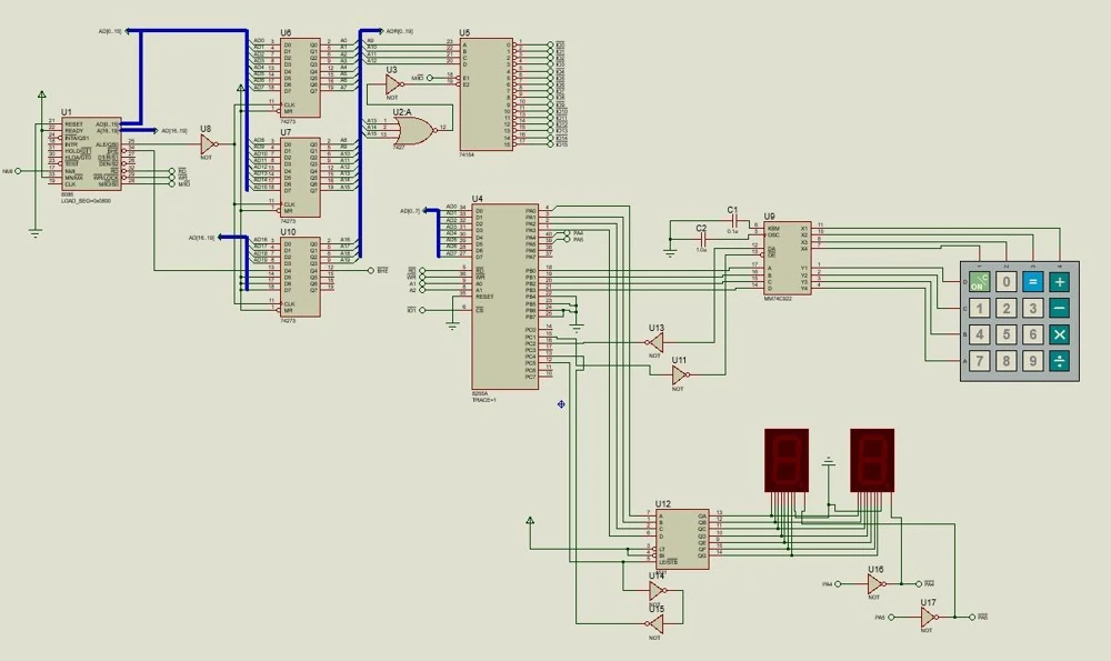 Proteus calculator circuit with an 8086 processor, peripheral interface, keypad and seven-segment displays.