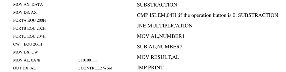 Assembly listing defines ports 200h through 206h and subtracts the second operand before jumping to output.
