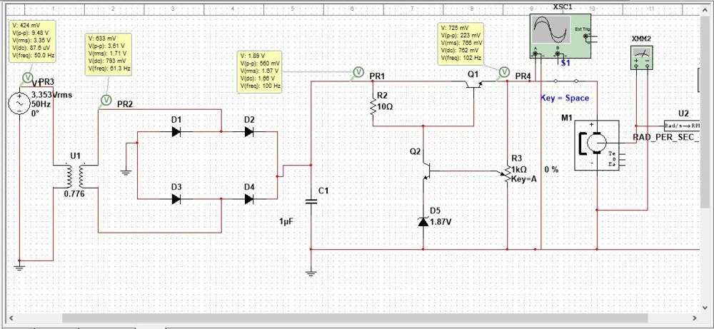 Multisim circuit shows source, transformer, bridge, regulator, motor and virtual instruments.