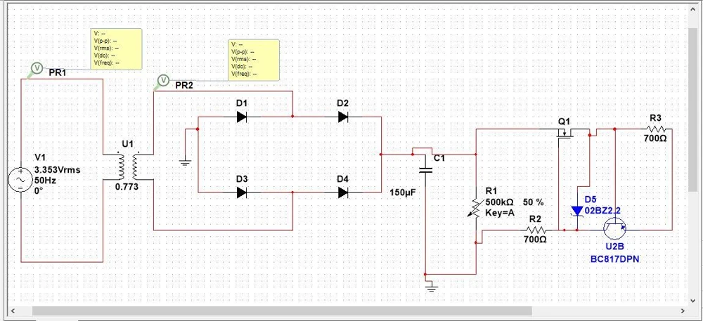 A transformer and bridge feed the source’s BJT regulator arrangement and adjustable control.