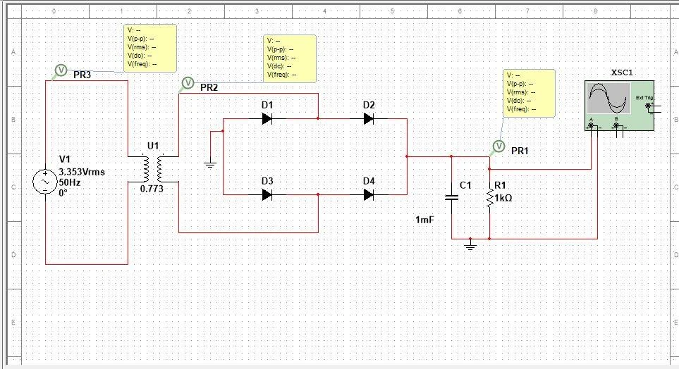 Multisim transformer and diode bridge feed a capacitor and resistor load.