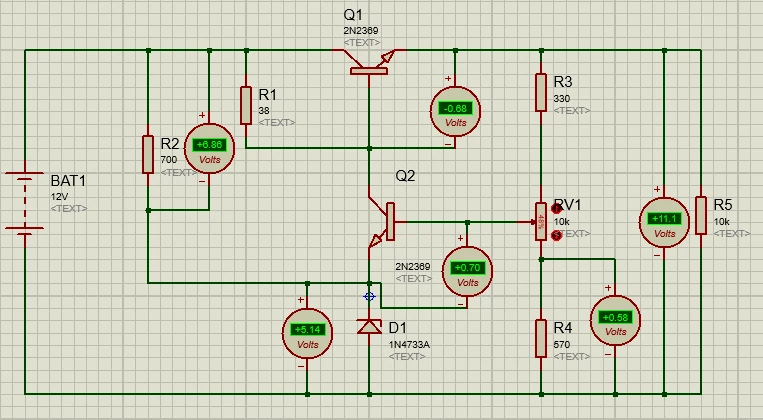 A transistor feedback circuit includes a potentiometer, Zener diode and six voltage indicators.