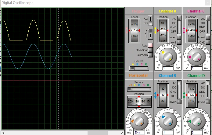 Yellow and blue traces show the waveform before and after half-wave rectification.