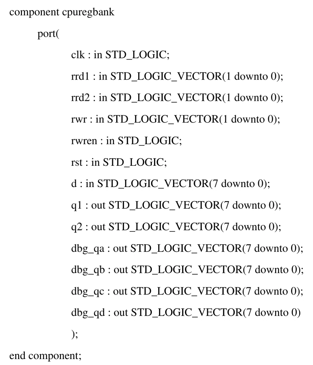 VHDL port declarations for clock, reset, register addresses, data and debug buses.